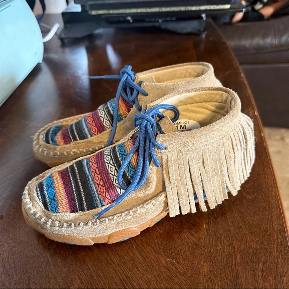 Twisted X Kids Moccasins with Multicolor Pattern and Blue Laces
